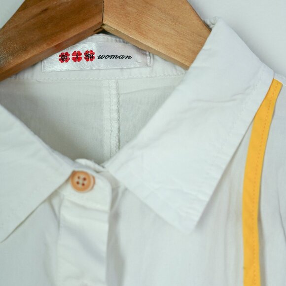White Collared Button Down Shirt: Embroidery/Upcycled Pockets/Details - Picture 8 of 11